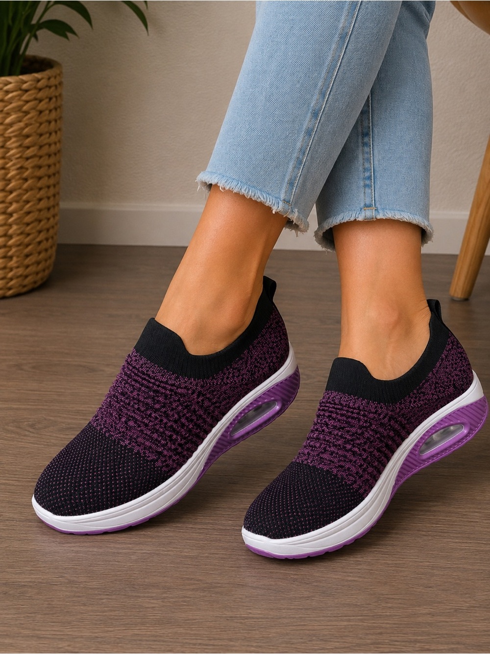 Black & Purple Knit Slip-On Walking Sneakers Air Cushion NWOT
